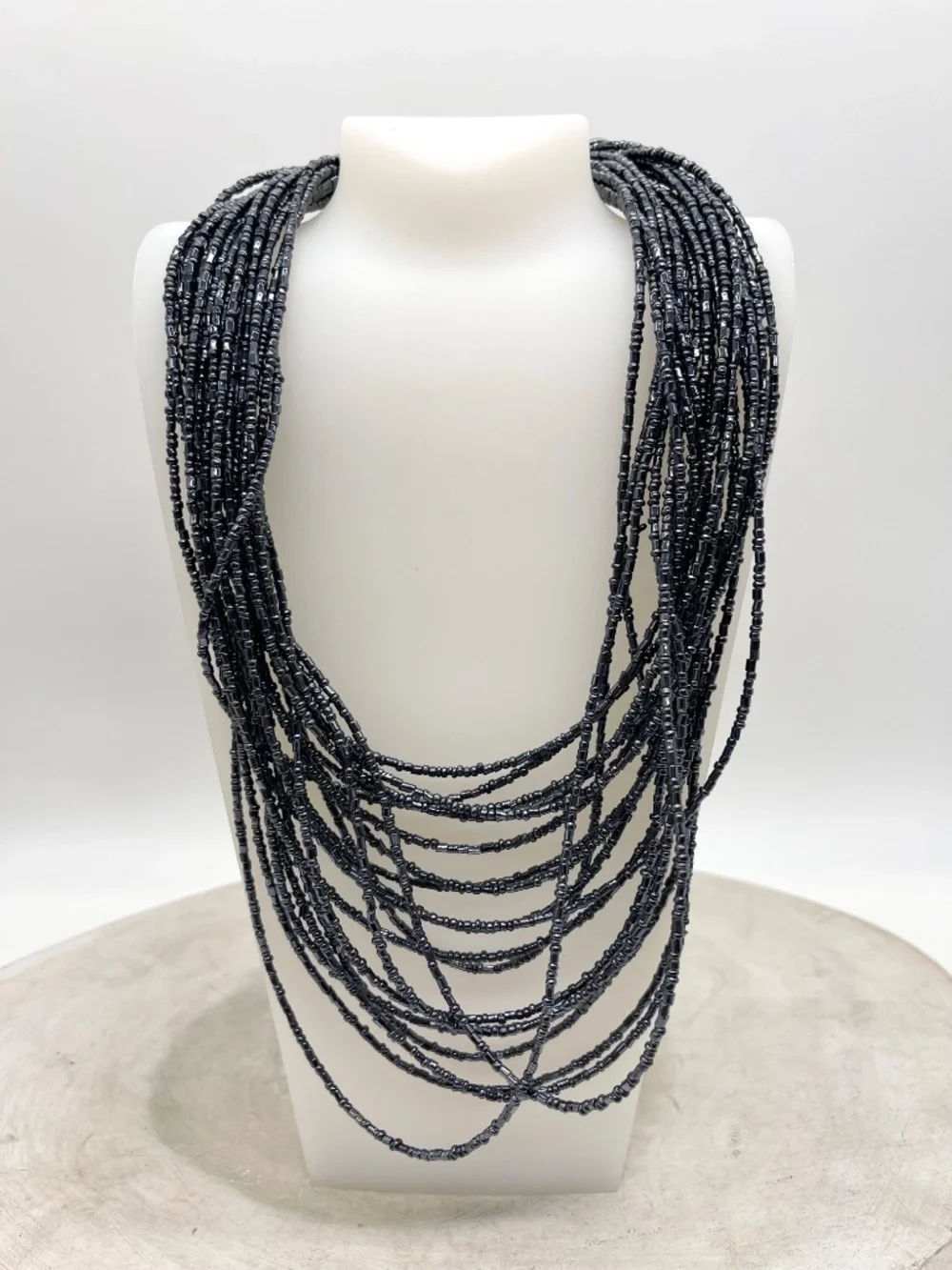 Multi Strand Black Seed Gunmetal Blue Necklace Layered Bib Statement Boho